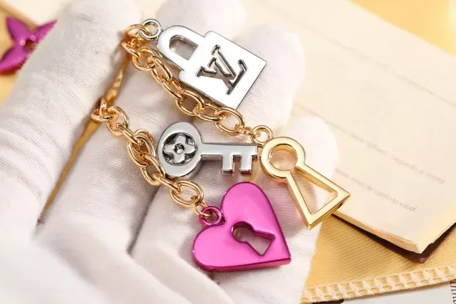 Louis Vuitton Lock & Key Charm Chain Gold Pink Metal Enamel-Coated Charms Bracelet 2