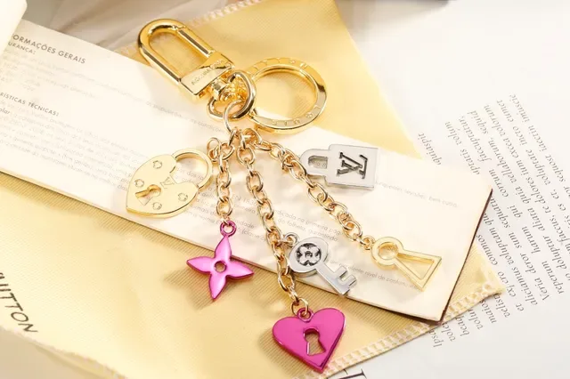 Louis Vuitton Lock & Key Charm Chain Gold Pink Metal Enamel-Coated Charms Bracelet 6