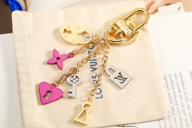 Louis Vuitton Lock & Key Charm Chain Gold Pink Metal Enamel-Coated Charms Bracelet 7
