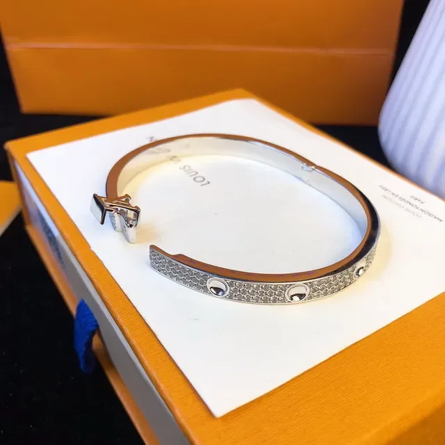 Louis Vuitton Lockit Silver White Hinged Bangle Pavé Crystal Band Bracelet 6