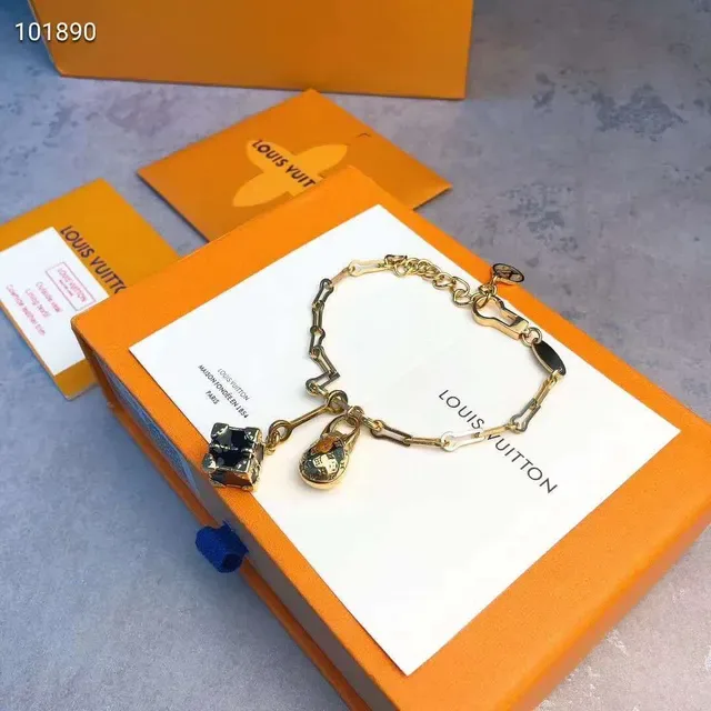 Louis Vuitton Lockme Gold Black Link Chain LV Monogram Padlock Charm Bracelet 6