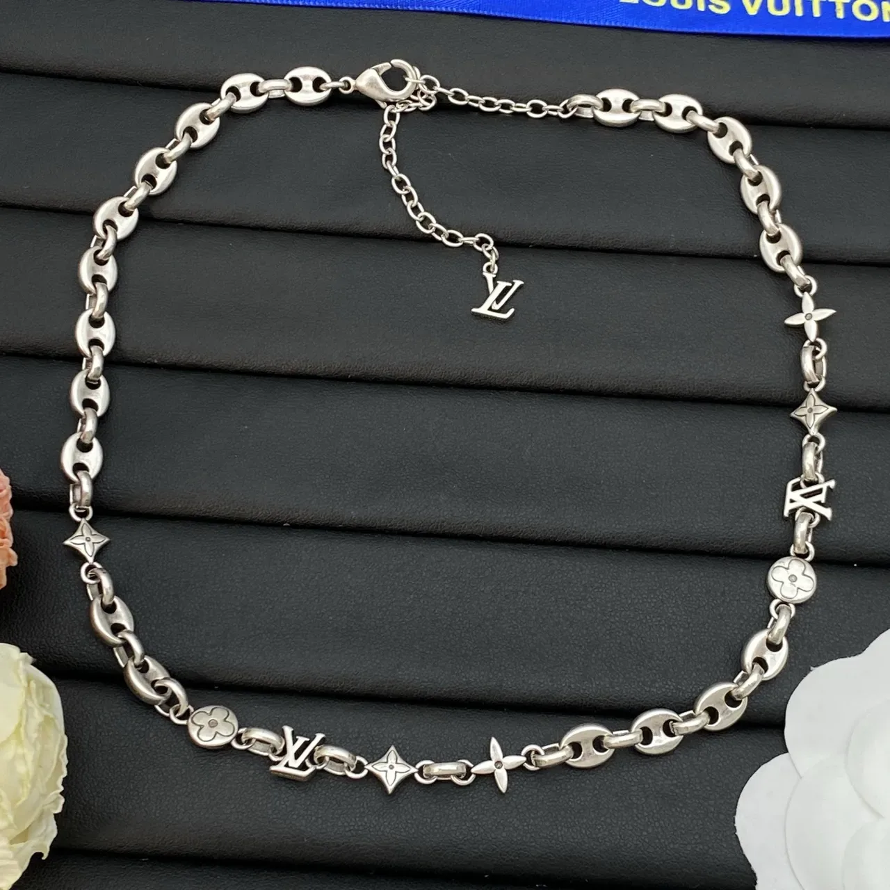 Louis Vuitton LV Chain Gold Silver Oval-Link Monogram Charms Necklace 4