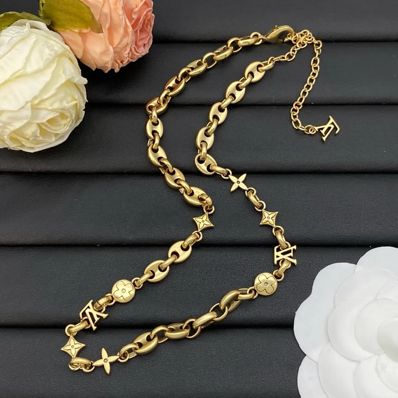 Louis Vuitton LV Chain Gold Silver Oval-Link Monogram Charms Necklace 7