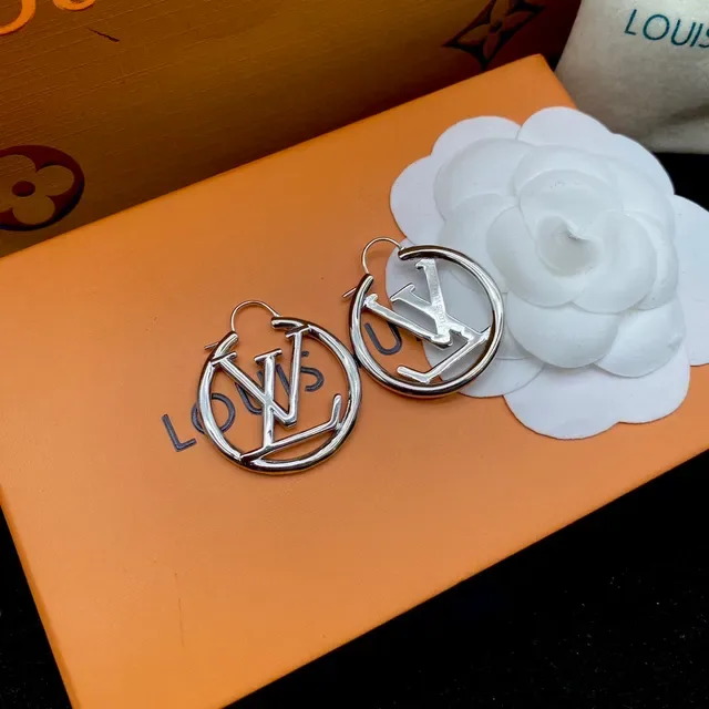 Louis Vuitton LV Circle Hoop Silver Logo Earrings 5