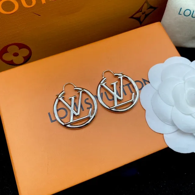 Louis Vuitton LV Circle Hoop Silver Logo Earrings 9