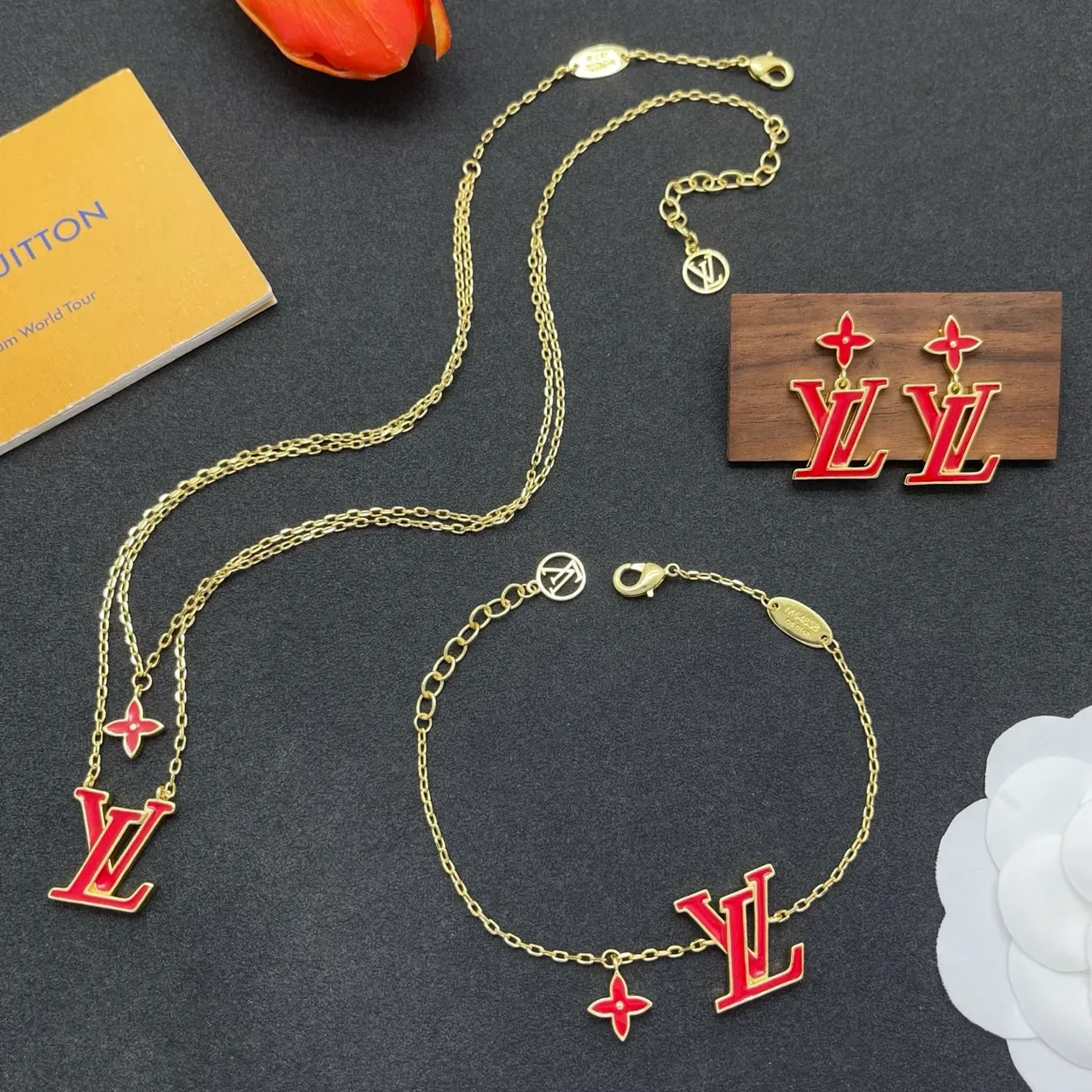 Louis Vuitton LV Flower Red Enamel Gold-Tone Earrings 2