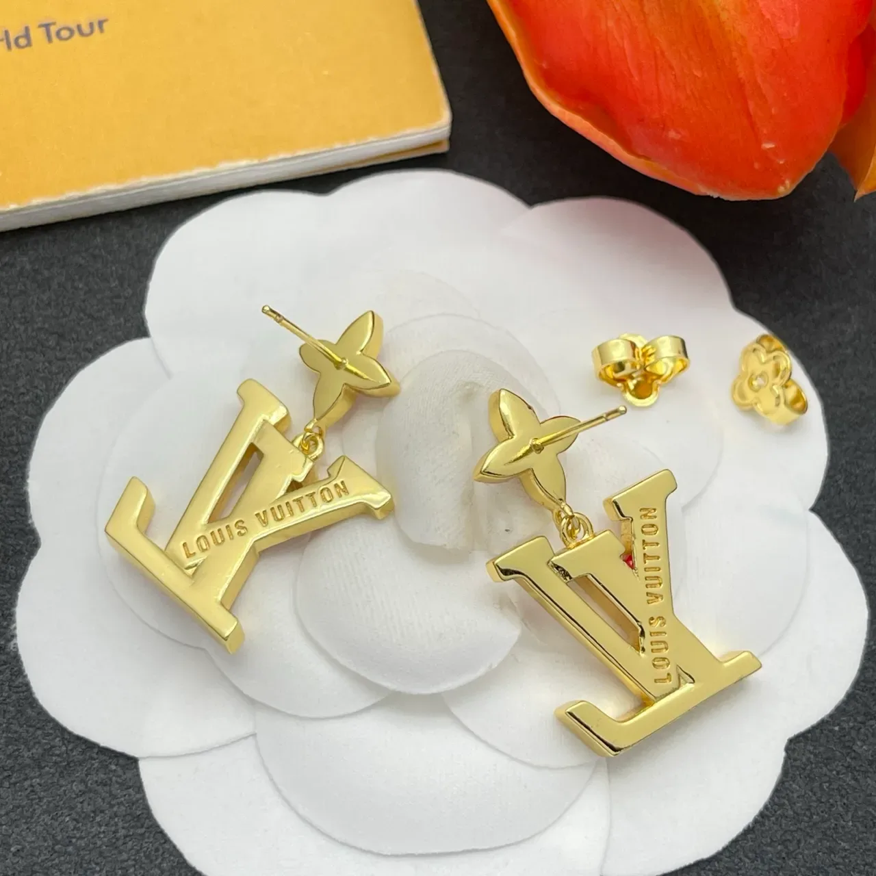 Louis Vuitton LV Flower Red Enamel Gold-Tone Earrings 3