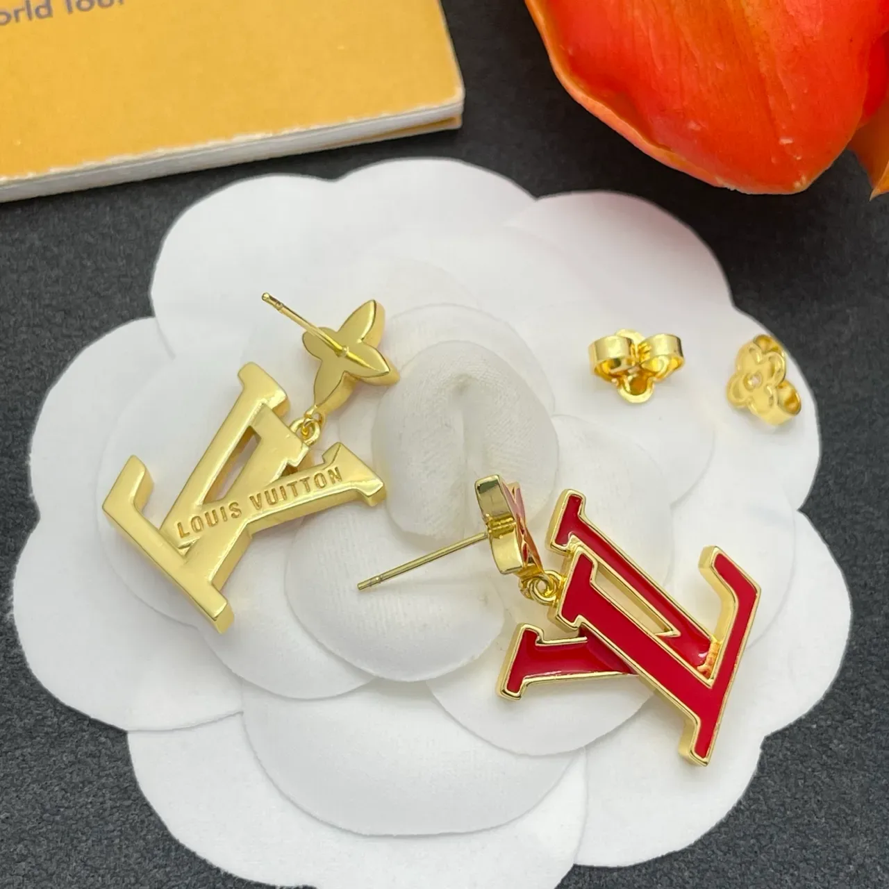 Louis Vuitton LV Flower Red Enamel Gold-Tone Earrings 4