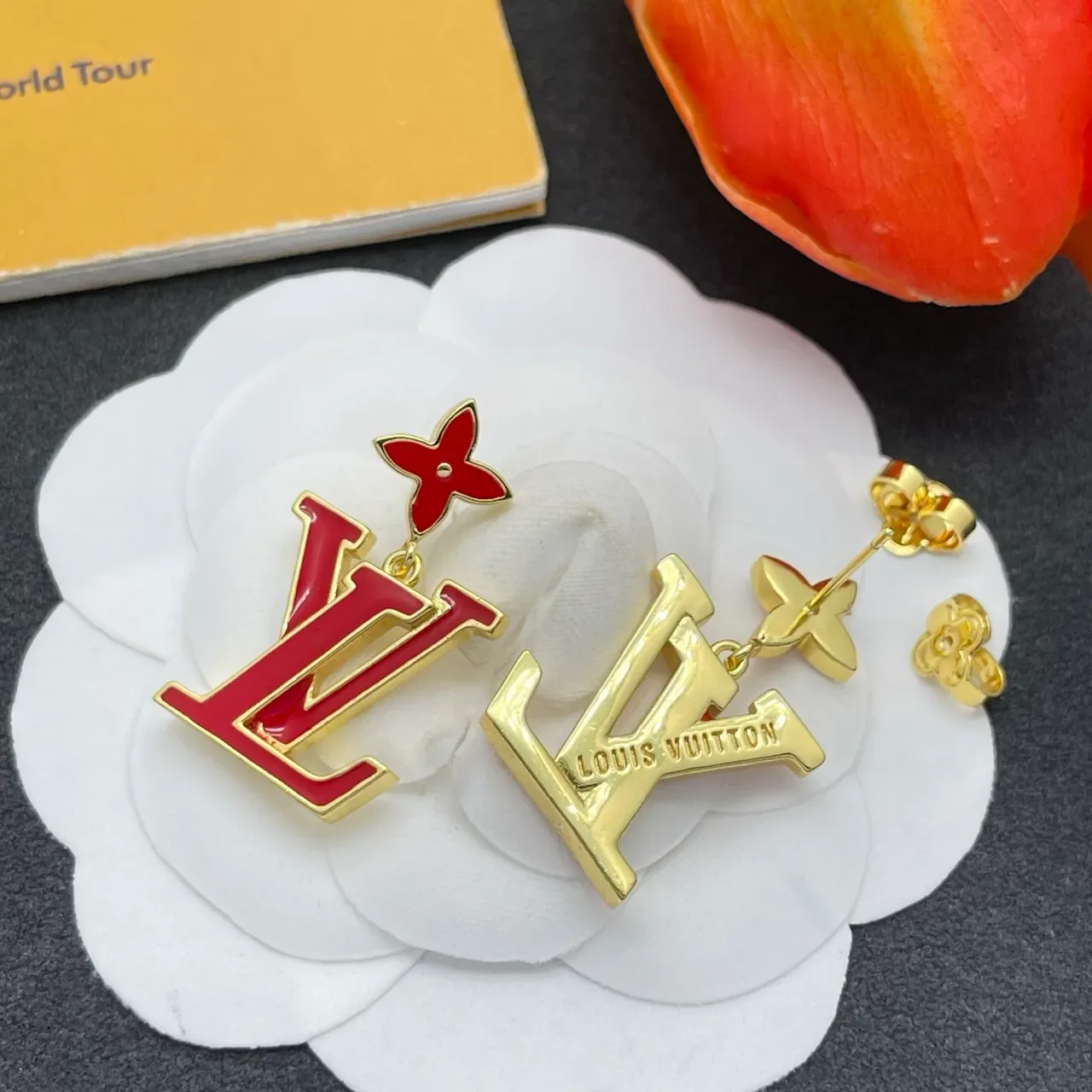 Louis Vuitton LV Flower Red Enamel Gold-Tone Earrings 5
