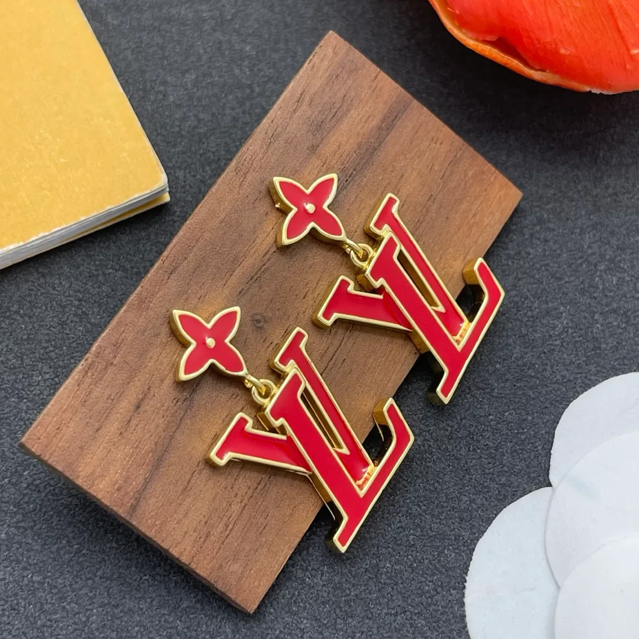 Louis Vuitton LV Flower Red Enamel Gold-Tone Earrings 6