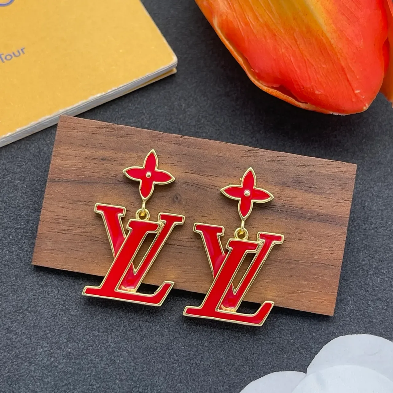 Louis Vuitton LV Flower Red Enamel Gold-Tone Earrings 7