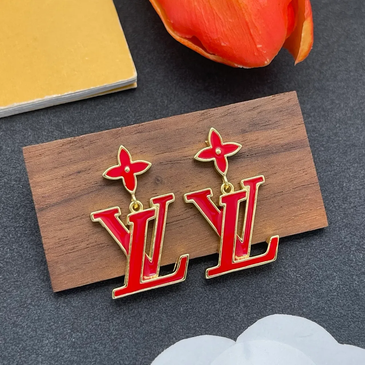 Louis Vuitton LV Flower Red Enamel Gold-Tone Earrings 8