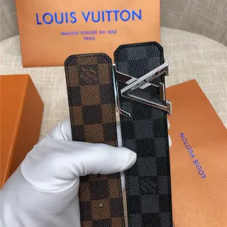 Louis Vuitton LV Initiales Black Brown Damier Check Canvas Polished Silver-Tone Buckle Leather Belt