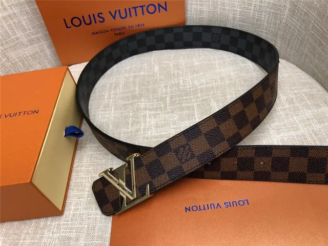 Louis Vuitton LV Initiales Preto Marrom Damier Check Lona Fivela Prateada Polida Cinto de Couro 2