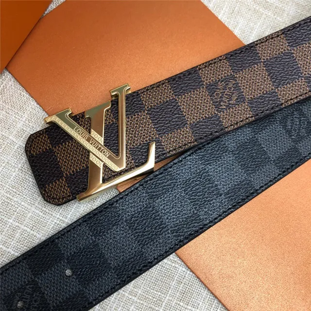 Louis Vuitton LV Initiales Preto Marrom Damier Check Lona Fivela Prateada Polida Cinto de Couro 3