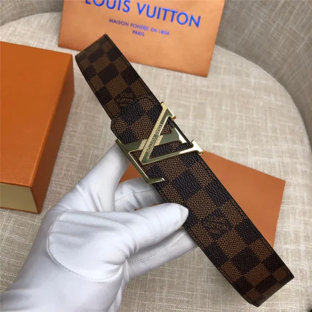 Louis Vuitton LV Initiales Preto Marrom Damier Check Lona Fivela Prateada Polida Cinto de Couro 4
