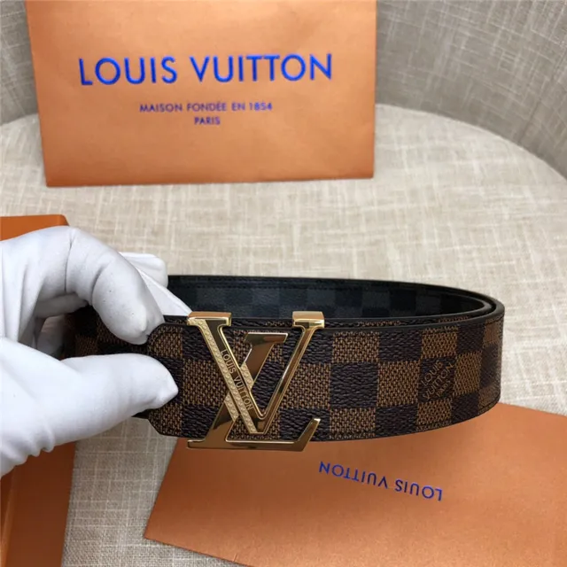 Louis Vuitton LV Initiales Preto Marrom Damier Check Lona Fivela Prateada Polida Cinto de Couro 5