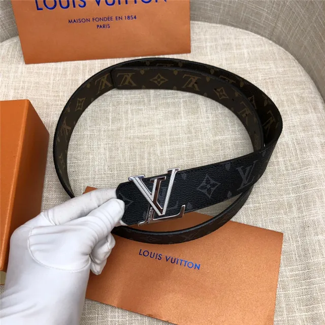 Louis Vuitton LV Initiales Preto Marrom Damier Check Lona Fivela Prateada Polida Cinto de Couro 12