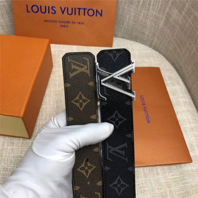 Louis Vuitton LV Initiales Preto Marrom Damier Check Lona Fivela Prateada Polida Cinto de Couro 15