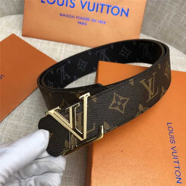 Louis Vuitton LV Initiales Preto Marrom Damier Check Lona Fivela Prateada Polida Cinto de Couro 18