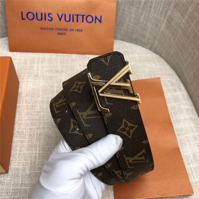 Louis Vuitton LV Initiales Preto Marrom Damier Check Lona Fivela Prateada Polida Cinto de Couro 22