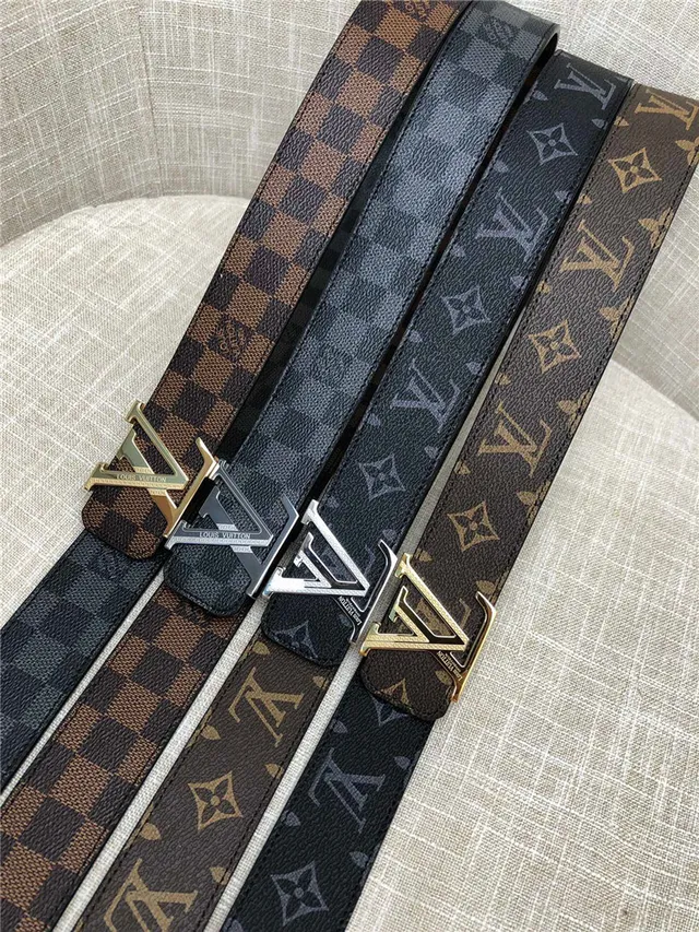 Louis Vuitton LV Initiales Preto Marrom Damier Check Lona Fivela Prateada Polida Cinto de Couro 24