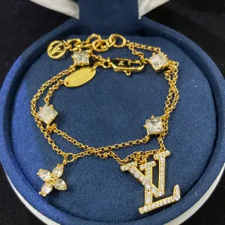 Louis Vuitton LV Initiales Pulsera Cadena Doble Dorada Transparente Pavé-Crystal Logo