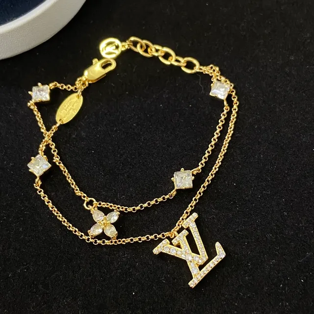 Louis Vuitton LV Initiales Gold Transparent Double-Chain Pavé-Crystal Logo Bracelet 2