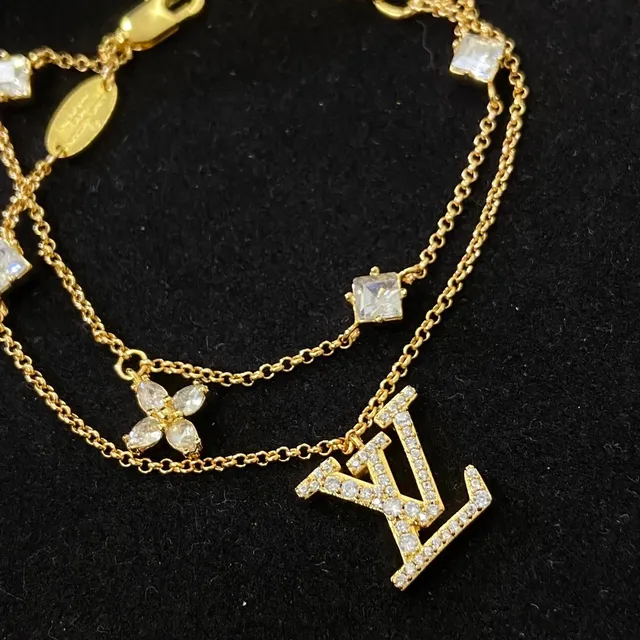 Louis Vuitton LV Initiales Gold Transparent Double-Chain Pavé-Crystal Logo Bracelet 4
