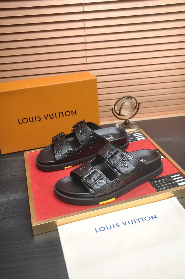 Louis Vuitton LV Slide Black Embossed Monogram Buckle Slippers 4