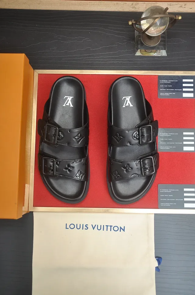 Louis Vuitton LV Slide Black Embossed Monogram Buckle Slippers 5
