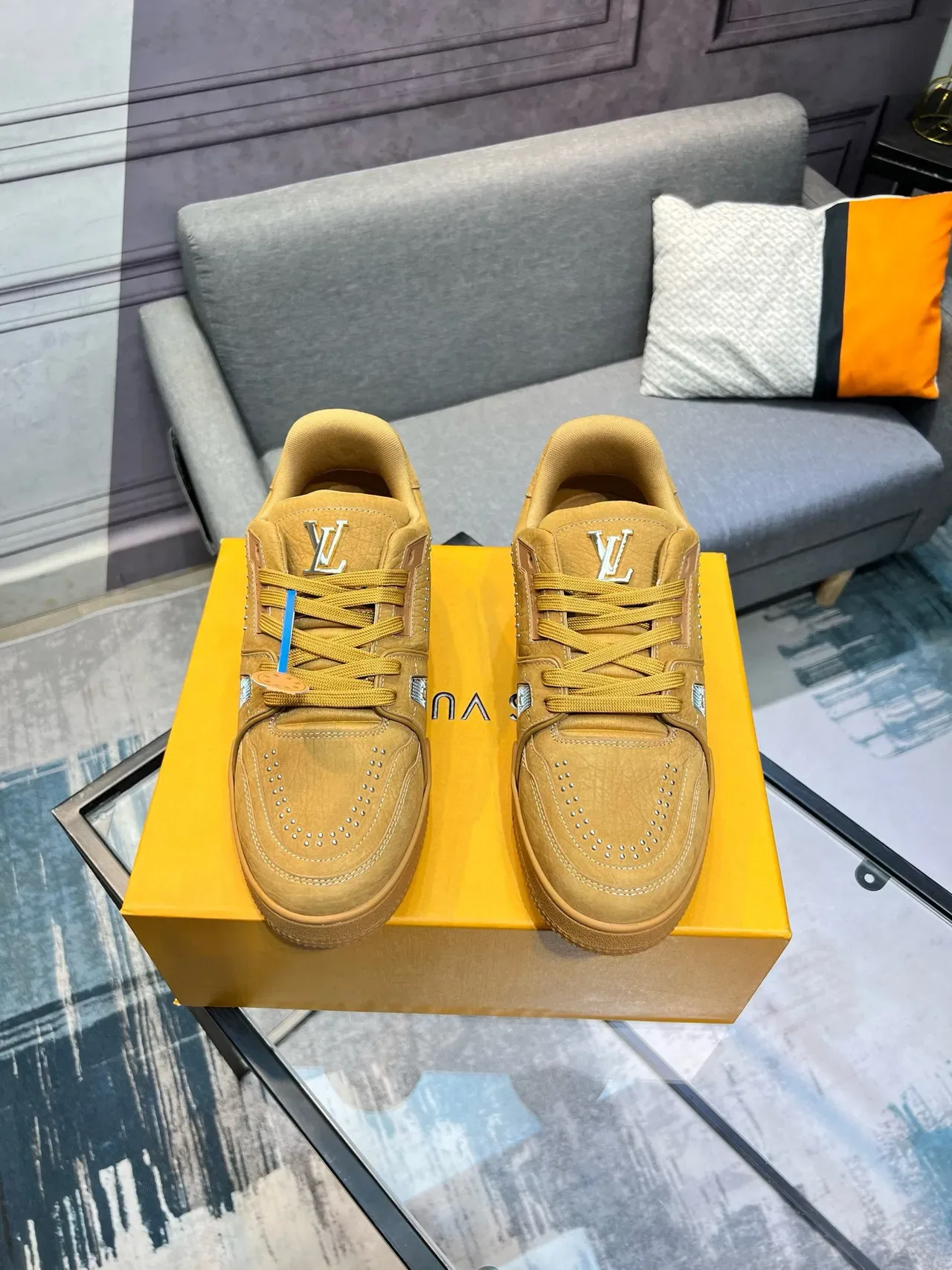 Louis Vuitton LV Trainer Beige Silver Textured Leather Upper Metallic Hardware Lifestyle Sneakers 2
