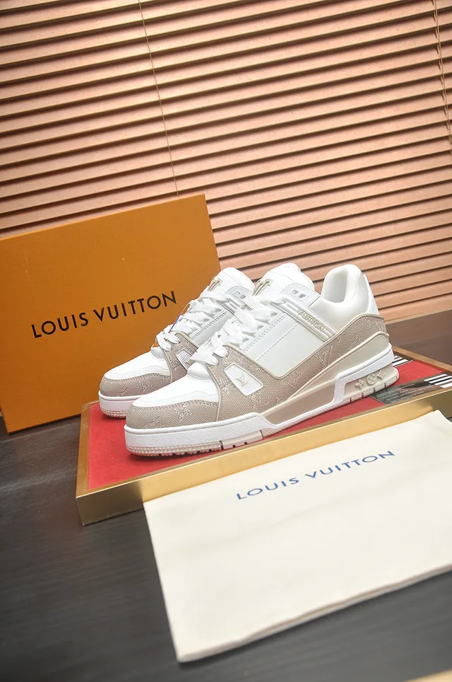 Louis Vuitton LV Trainer Beige White Monogrammed Textile Layered Chunky Sole Lifestyle Sneakers 4