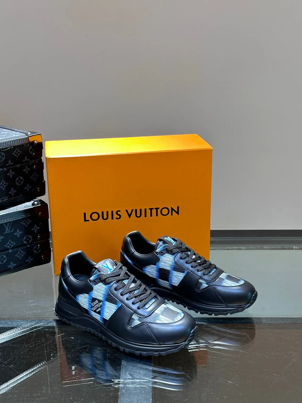 Louis Vuitton LV Trainer Black Blue Leather-Jacquard Hybrid Striped Side Panel Lifestyle Sneakers 2