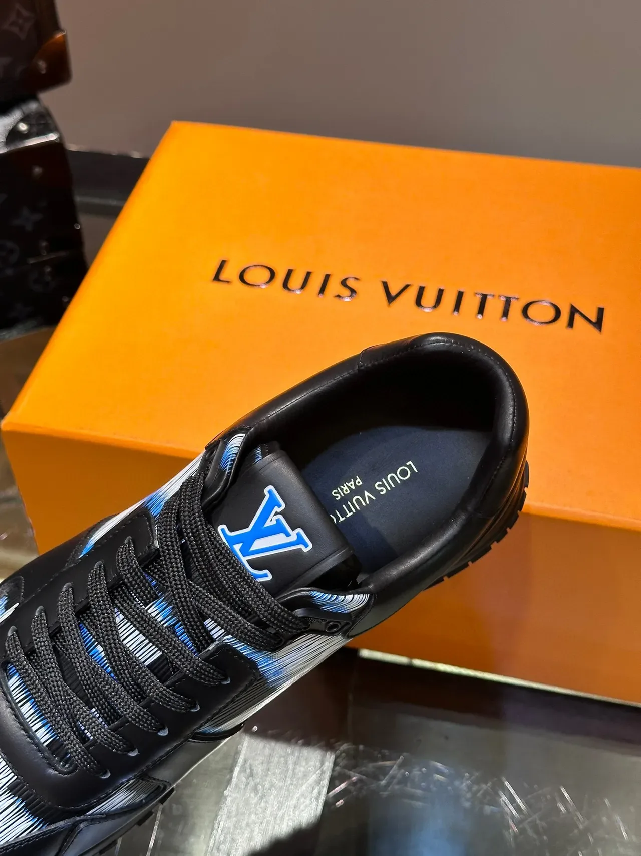 Louis Vuitton LV Trainer Black Blue Leather-Jacquard Hybrid Striped Side Panel Lifestyle Sneakers 4