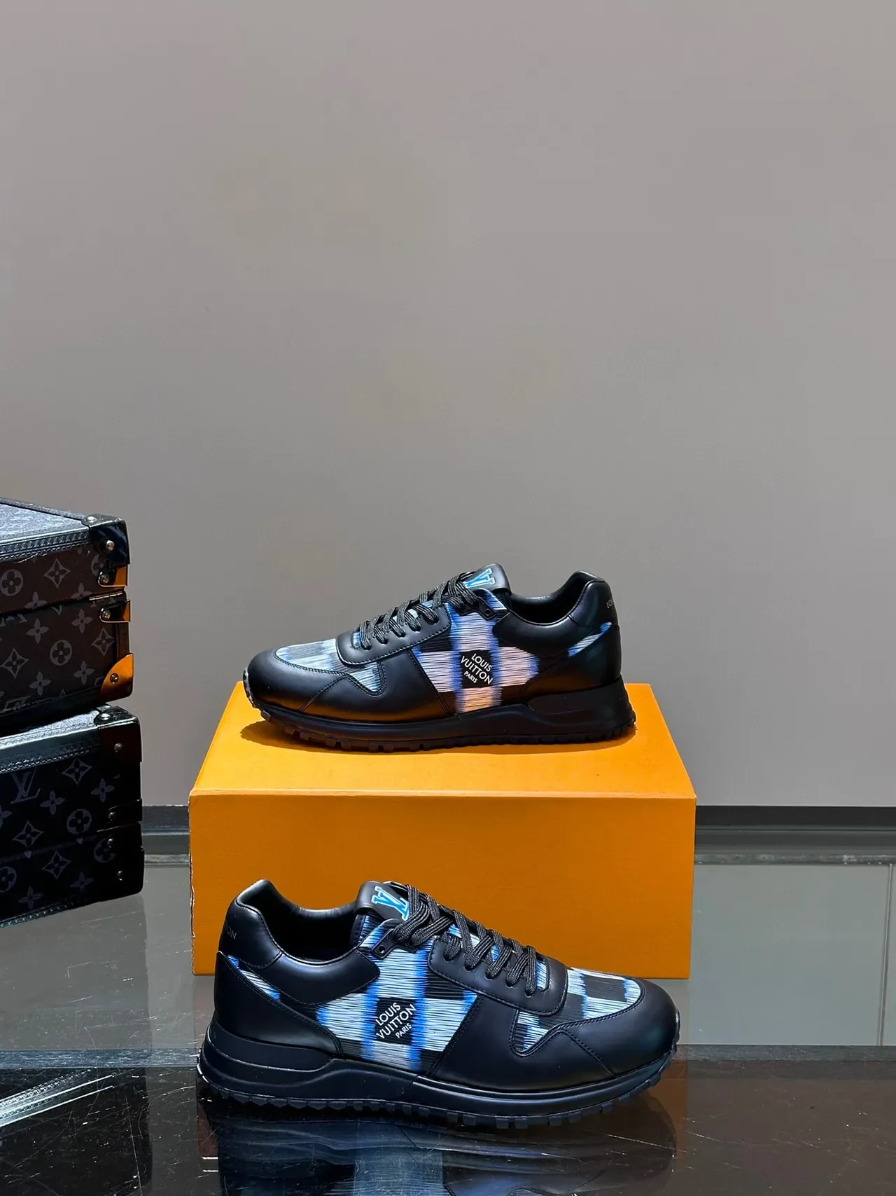 Louis Vuitton LV Trainer Black Blue Leather-Jacquard Hybrid Striped Side Panel Lifestyle Sneakers 7