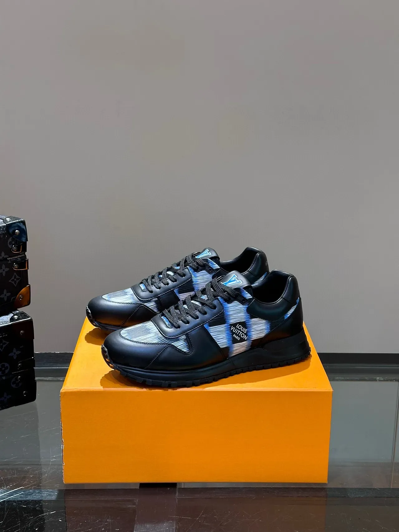 Louis Vuitton LV Trainer Black Blue Leather-Jacquard Hybrid Striped Side Panel Lifestyle Sneakers 8