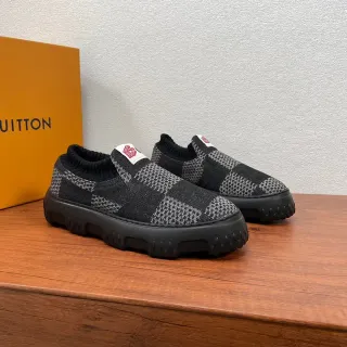 لويس فيتون LV Trainer أحذية رياضية سوداء رمادية حياكة فتحة من الخلف نمط لوحة الشطرنج سميكة