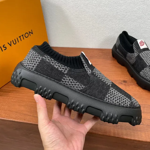Louis Vuitton LV Trainer Black Gray Knit Slip-On Checkerboard Pattern Chunky Sneakers 4