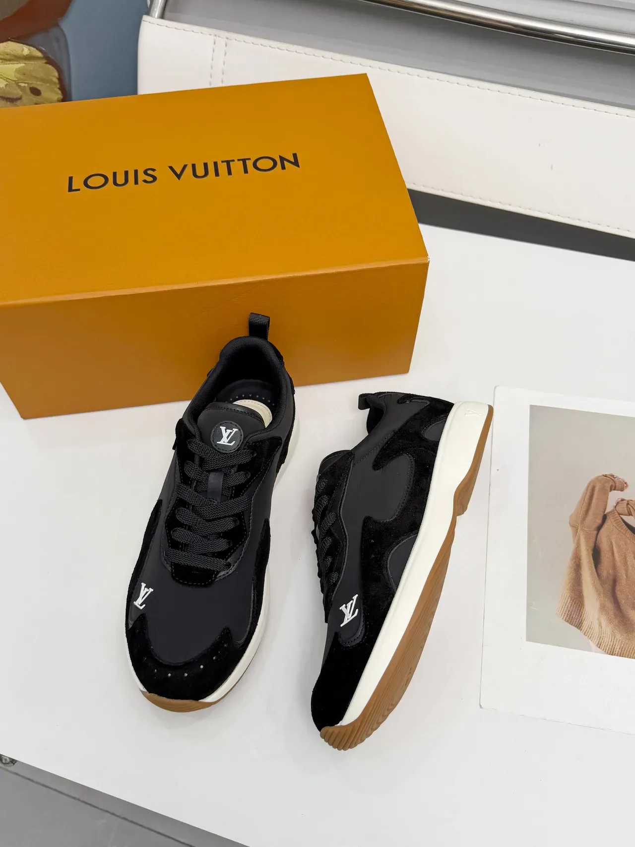 Louis Vuitton LV Trainer Black White Layered Suede And Leather Upper Asymmetrical Panel Construction Lifestyle Sneakers 2