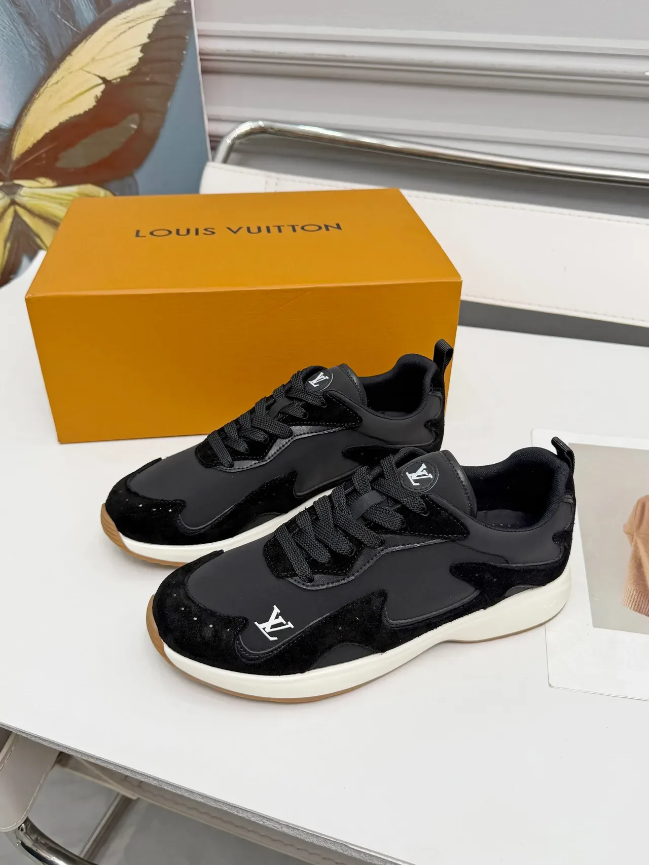 Louis Vuitton LV Trainer Black White Layered Suede And Leather Upper Asymmetrical Panel Construction Lifestyle Sneakers 3