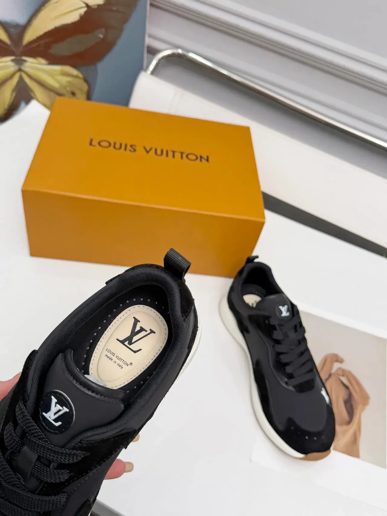 Louis Vuitton LV Trainer Black White Layered Suede And Leather Upper Asymmetrical Panel Construction Lifestyle Sneakers 5