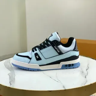 Louis Vuitton LV Trainer Blue Black Monogram Leather Upper Dual-Strap Lacing Lifestyle Sneakers