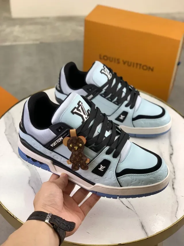 Louis Vuitton LV Trainer Blue Black Monogram Leather Upper Dual-Strap Lacing Lifestyle Sneakers 4