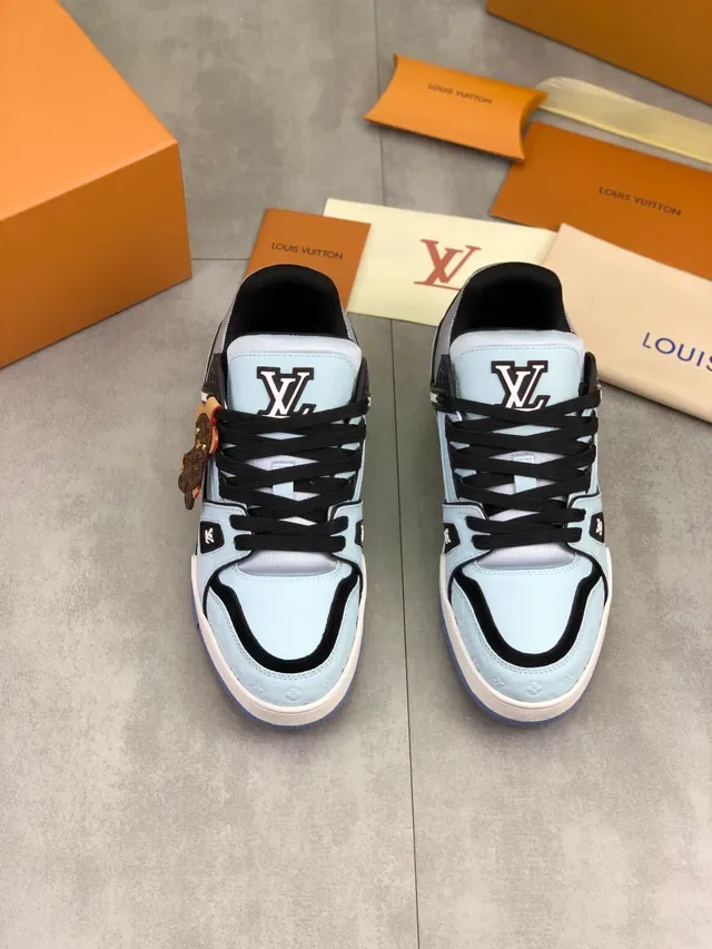 Louis Vuitton LV Trainer Blue Black Monogram Leather Upper Dual-Strap Lacing Lifestyle Sneakers 5