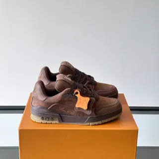 Louis Vuitton LV Trainer Marrón Naranja Suede Y Cuero En Capas Etiqueta Flor Zapatillas Lifestyle