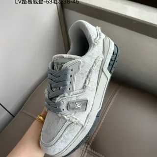 Louis Vuitton LV Trainer gris Monogram Jacquard parte superior deshilachado ribete detalles zapatillas lifestyle