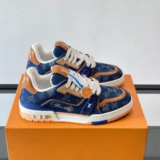Louis Vuitton LV Trainer Navy Beige Denim Monogram Upper Tan Leather Overlays Lifestyle Sneakers