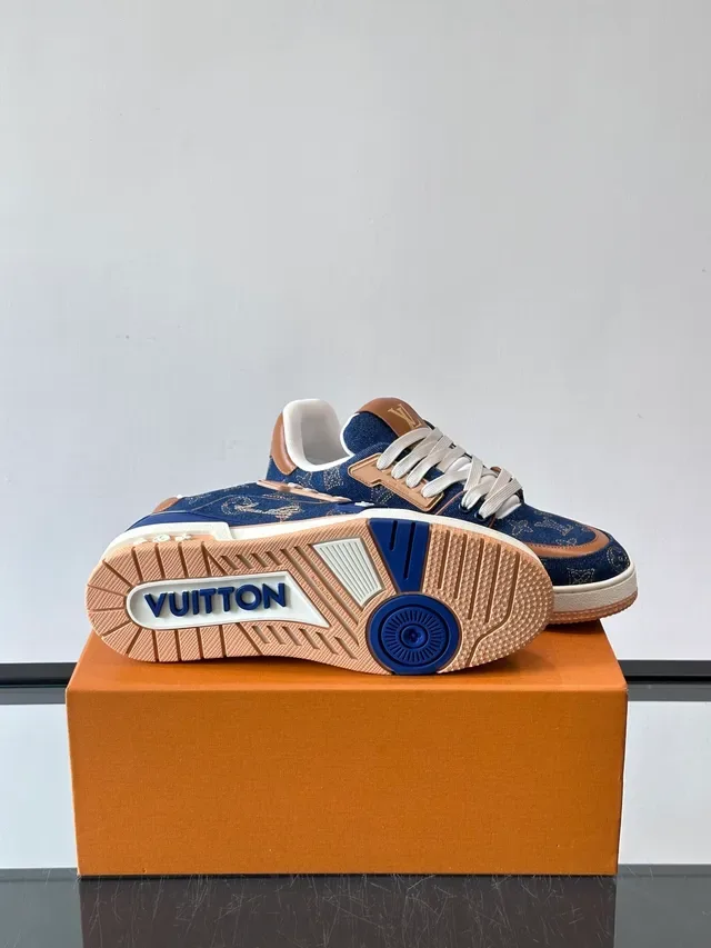 Louis Vuitton LV Trainer Navy Beige Denim Monogram Upper Tan Leather Overlays Lifestyle Sneakers 2