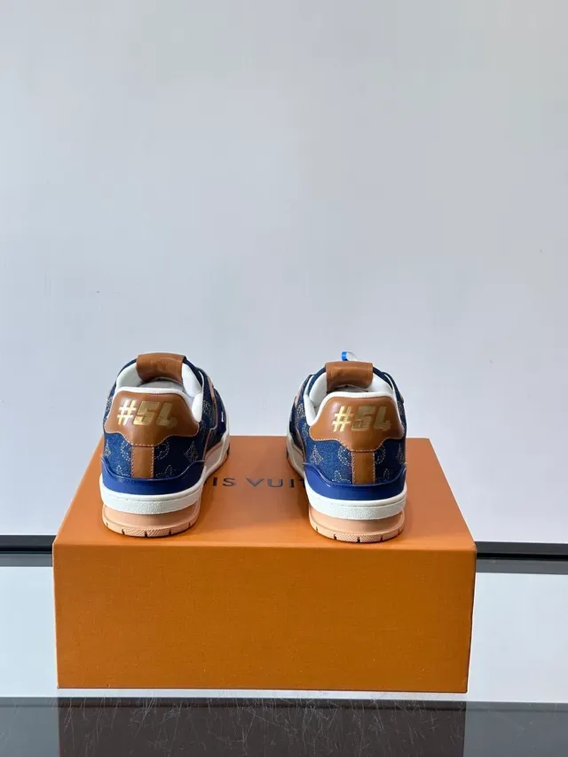 Louis Vuitton LV Trainer Navy Beige Denim Monogram Upper Tan Leather Overlays Lifestyle Sneakers 3